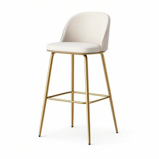 Barhocker mit Rückenlehne aus PU-Kunstleder und Stahl, 48 x 53 x 101 cm, Cremeweiss/Gold