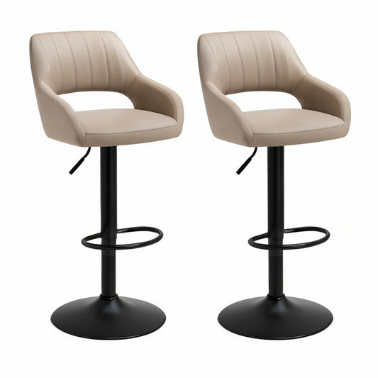2er-Set höhenverstellbare Barhocker mit Armlehnen, PU-Bezug, Beige/Schwarz, 54 x 52 x 89–109 cm