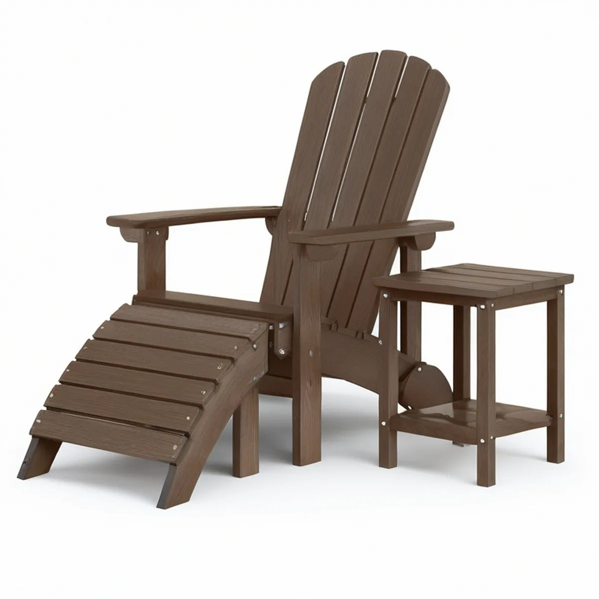 3-teiliges Adirondack-Set aus braunem HDPE mit Fusshocker und Beistelltisch, 79 x 83 x 92 cm