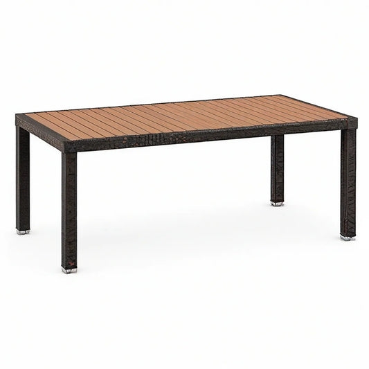 Rechteckiger Gartentisch aus Polyrattan und WPC, Braun/Schwarz/Dunkelbraun, 180 x 90 x 75 cm