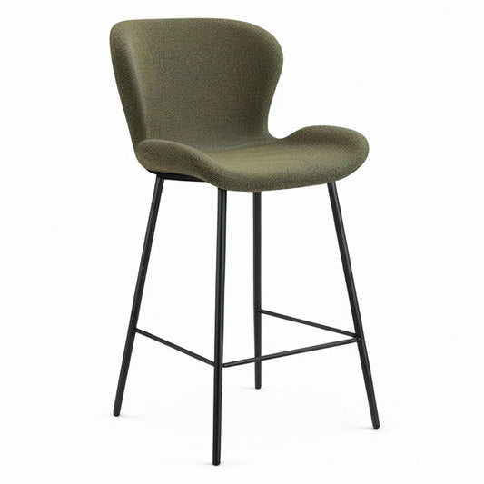 Barhocker mit Rückenlehne, 52 x 54 x 105 cm, olivgrüner Bouclé-Polyesterbezug, schwarzes Stahlgestell