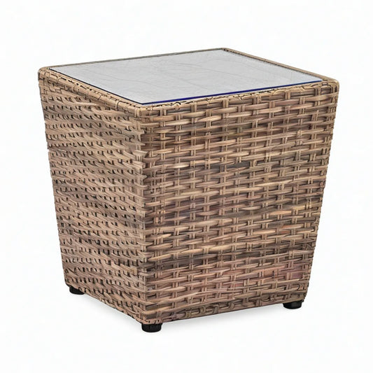 Quadratischer Gartentisch 50 x 50 x 50 cm aus PE-Rattan mit Sicherheitsglas, Braun/Transparent
